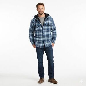 L.L. Bean Men’s Hooded Fleece Lined Flannel Shirt Jacket Plaid Mens Regular